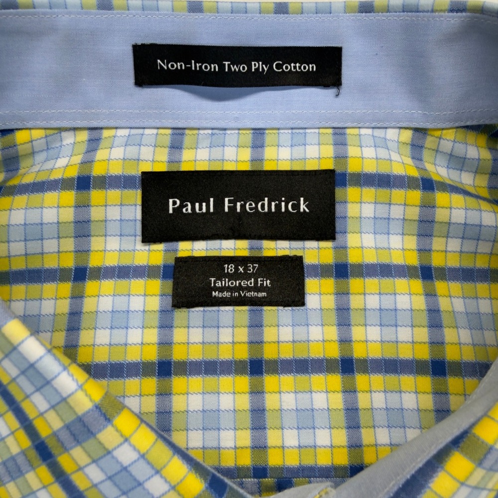 Paul Fredrick Dress Shirt Mens 18-37 Tailored Fit Non-Iron Yellow Blue Plaid - Picture 4 of 7